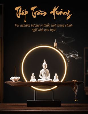 Thác Khói Trầm Hương, Tượng Phật Ngồi Trên Đế Gỗ, Vòng Tròn Chiếu Sáng Bằng Đèn Led